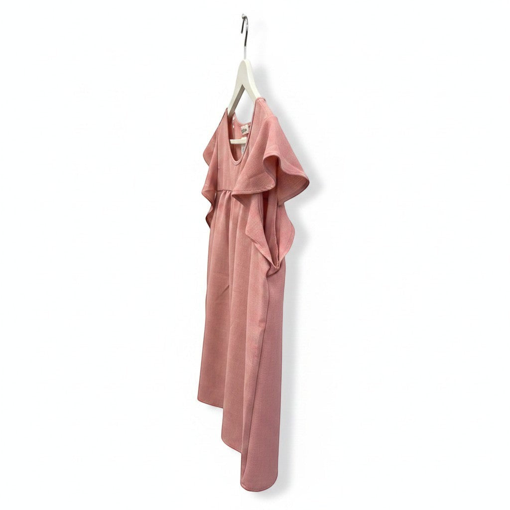 Chic Collective mauve linen ruffle top with short flutter sleeves and a V-neck. Soft fabric, elegant detailing.