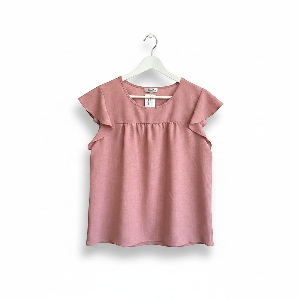Chic Collective mauve linen top with ruffle short sleeves and gathered neckline. Soft fabric, elegant design.