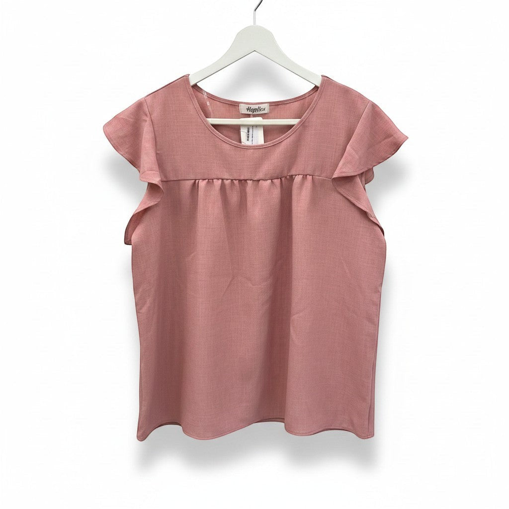 Chic Collective mauve linen ruffle top with short flutter sleeves and gathered neckline. Soft fabric, elegant design.