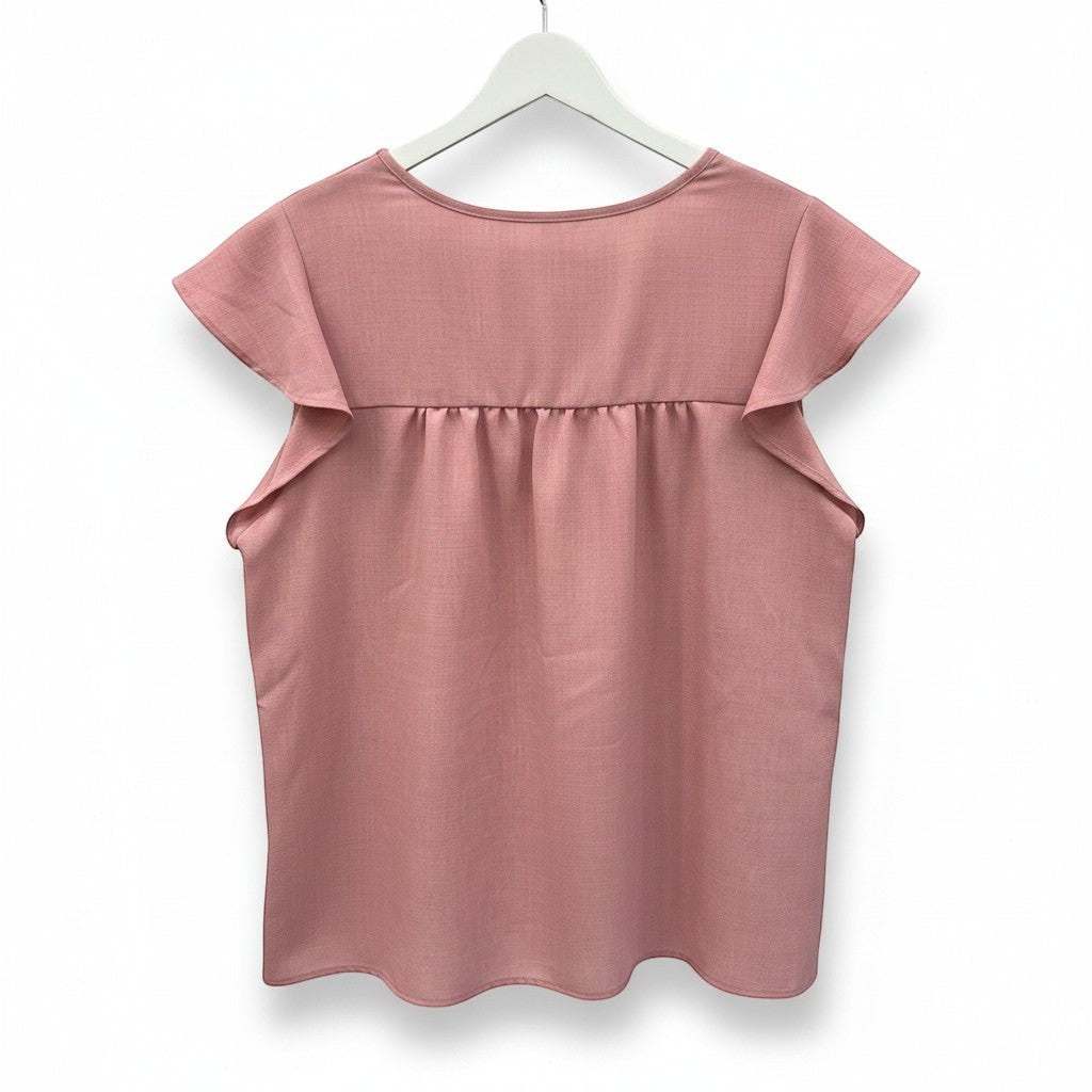 Chic Collective mauve linen ruffle top with short flutter sleeves and gathered yoke detail.