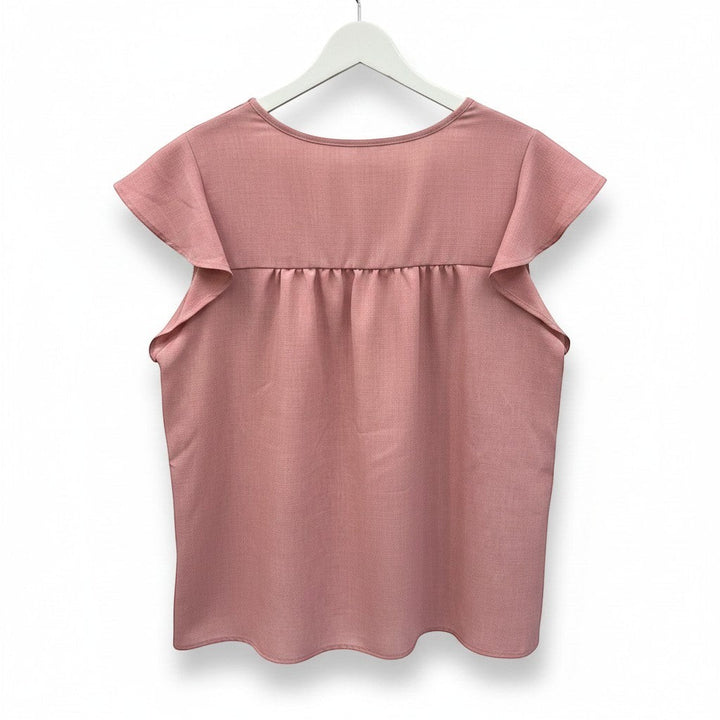 Chic Collective mauve linen ruffle top with short flutter sleeves and gathered yoke detail.