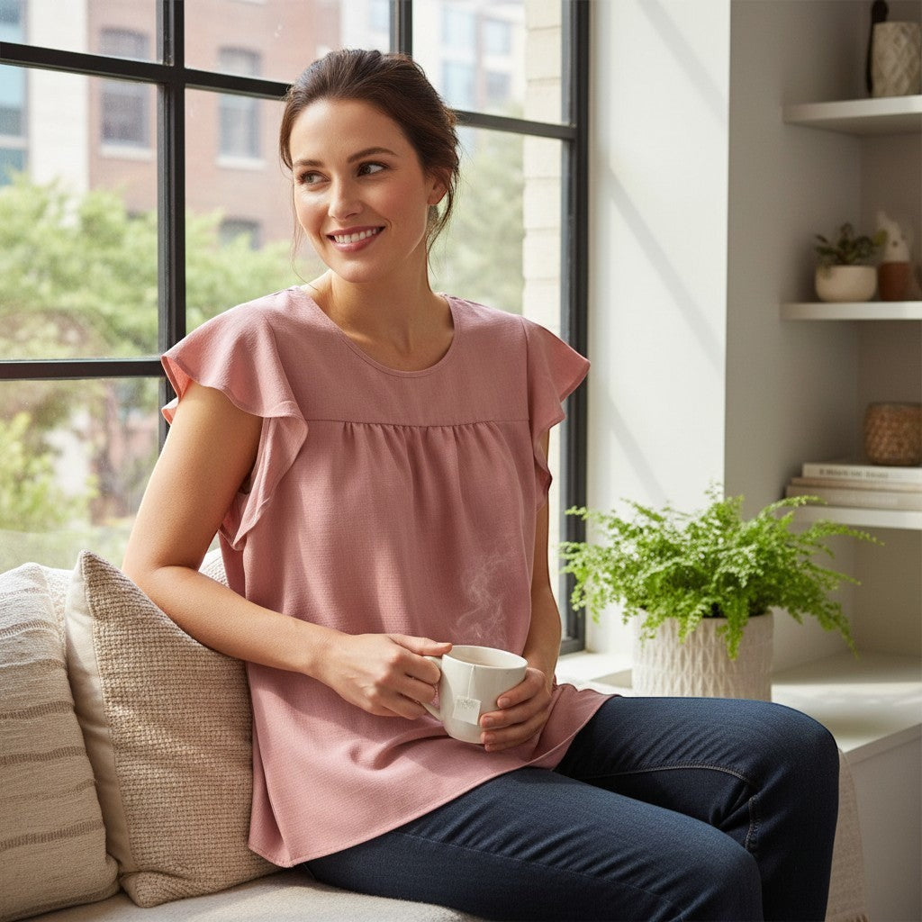 Chic Collective mauve linen ruffle top with short flutter sleeves and gathered neckline, worn by a woman holding a mug.