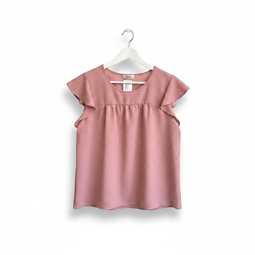 Chic Collective mauve linen ruffle top with short flutter sleeves and gathered neckline. Soft, breathable fabric for comfortable, stylish wear.