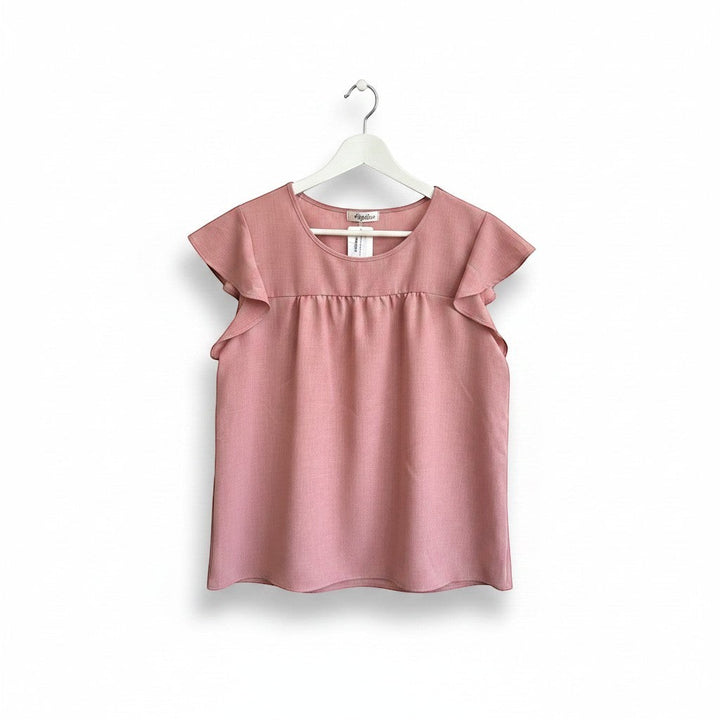 Chic Collective mauve linen ruffle top with short flutter sleeves and gathered neckline. Soft, breathable fabric for comfortable, stylish wear.