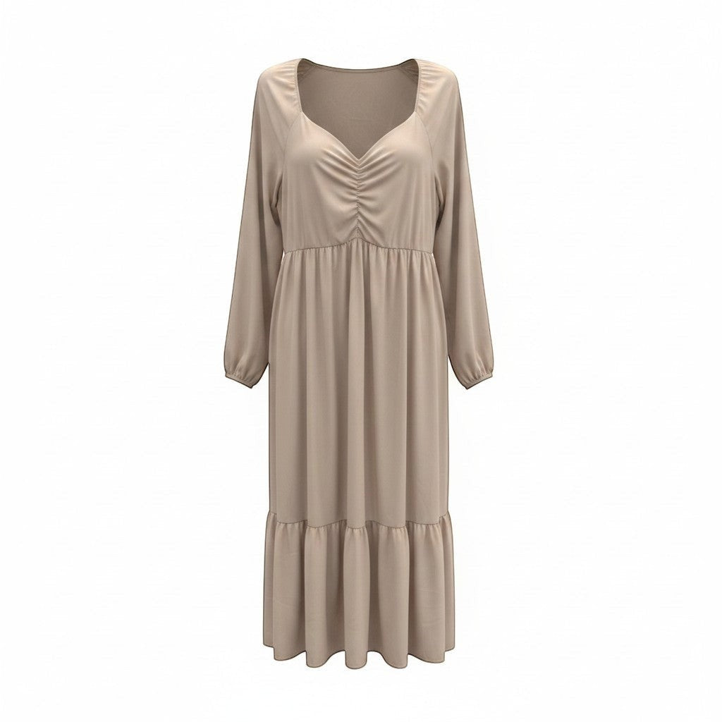 Chic Collective mauve ruched maxi dress with sweetheart neckline and tiered hem. Long sleeves, empire waist, and flowing skirt.