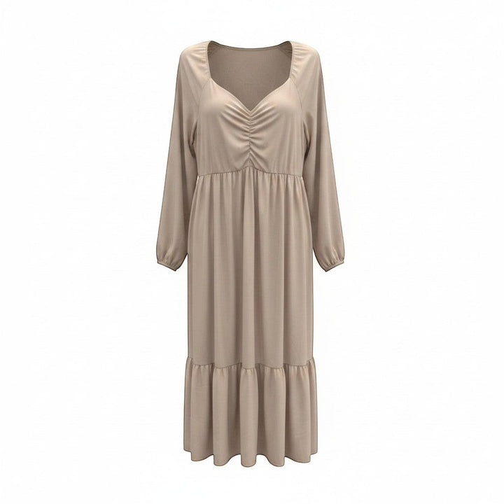 Chic Collective mauve ruched maxi dress with sweetheart neckline and tiered hem. Long sleeves, empire waist, and flowing skirt.