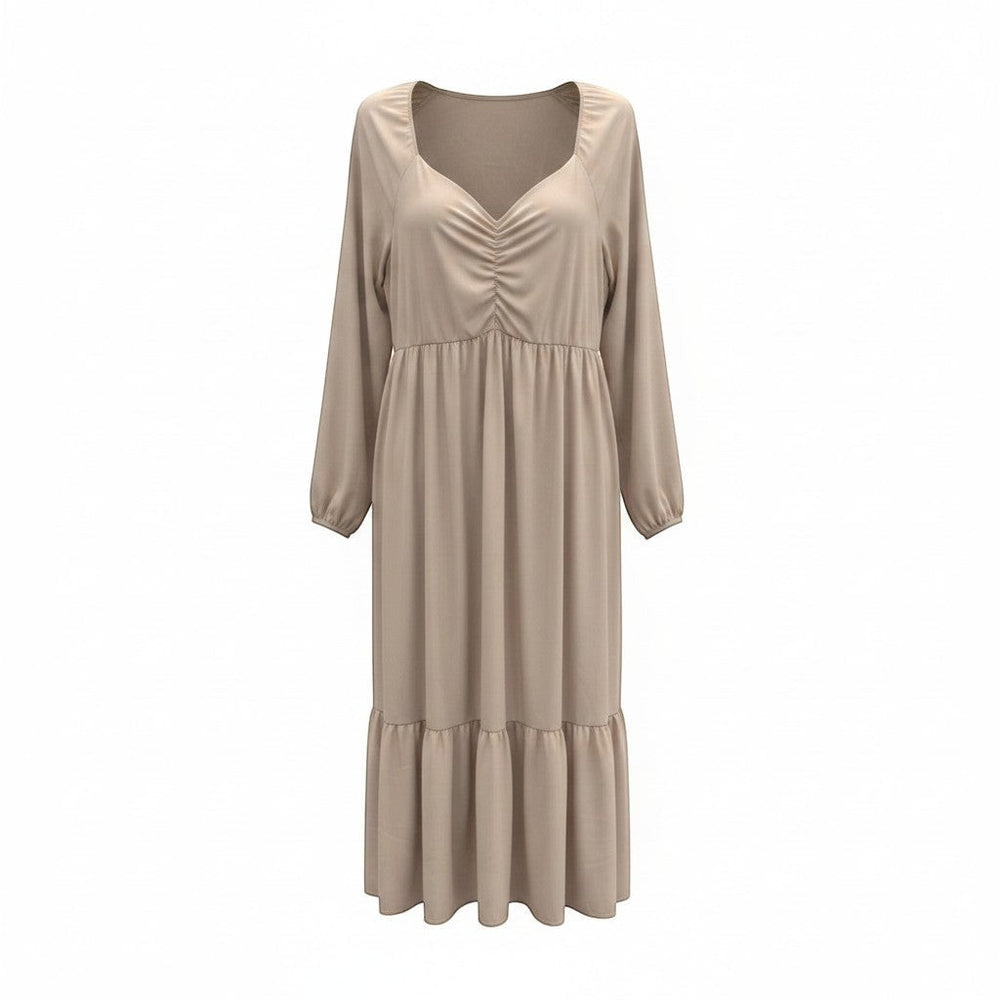 Chic Collective mauve ruched maxi dress with long sleeves and tiered hem. Elegant, flattering silhouette for versatile occasions.