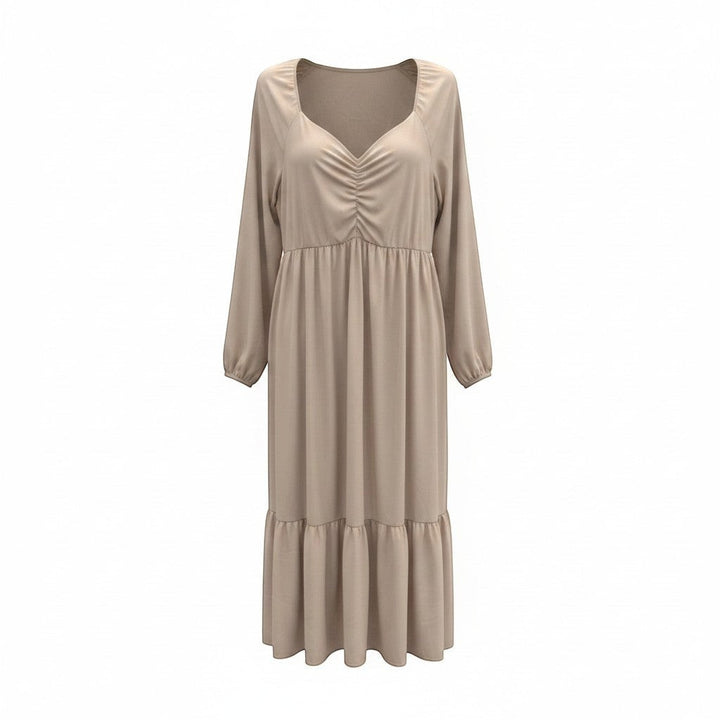 Chic Collective mauve ruched maxi dress with long sleeves and tiered hem. Elegant, flattering silhouette for versatile occasions.