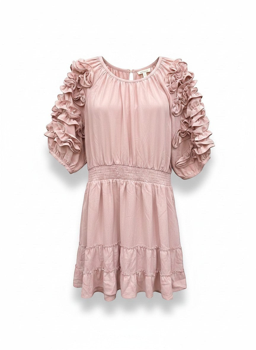 Chic Collective mauve ruffled sleeve dress with ruched waist and tiered hem