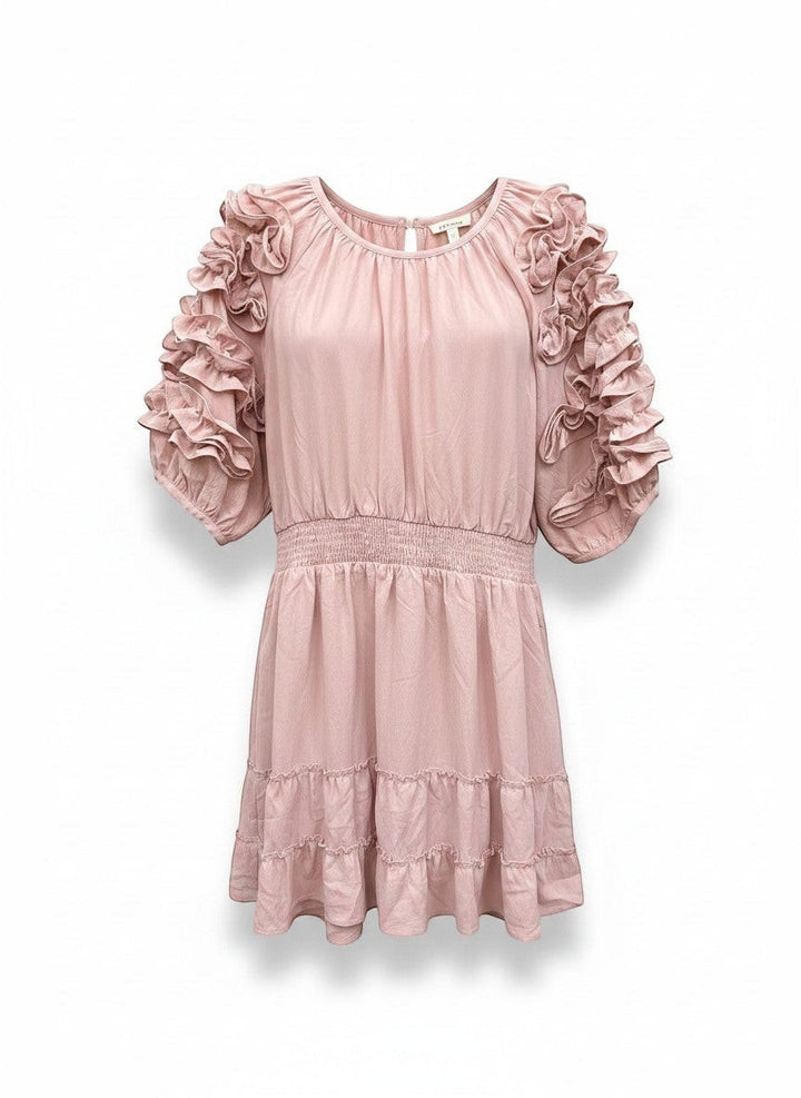 Chic Collective mauve ruffled sleeve dress with ruched waist and tiered hem