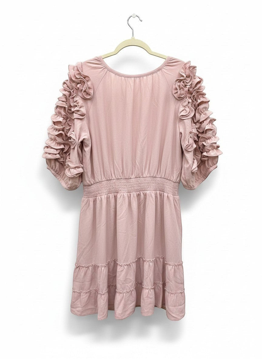 Chic Collective mauve ruffled sleeve mini dress with ruched waist and tiered skirt.