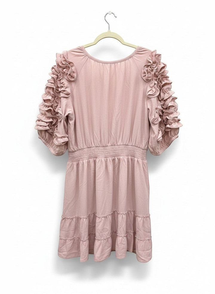 Chic Collective mauve ruffled sleeve mini dress with ruched waist and tiered skirt.
