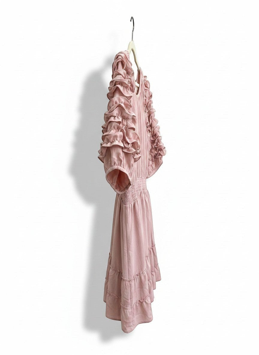 Chic Collective mauve ruffled sleeve midi dress with ruched waist and tiered hem.