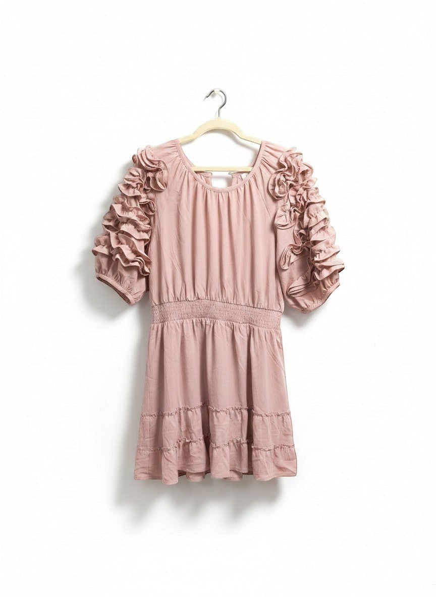 Chic Collective mauve ruffled sleeve tiered mini dress with ruched waist