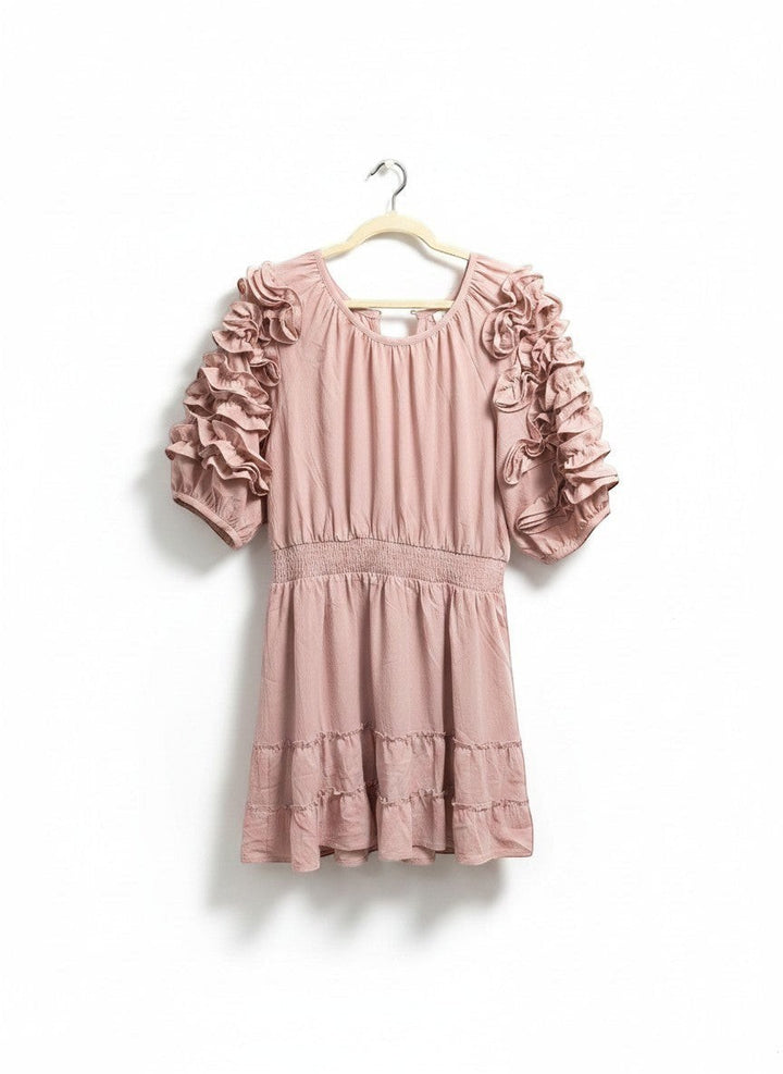 Chic Collective mauve ruffled sleeve tiered mini dress with ruched waist