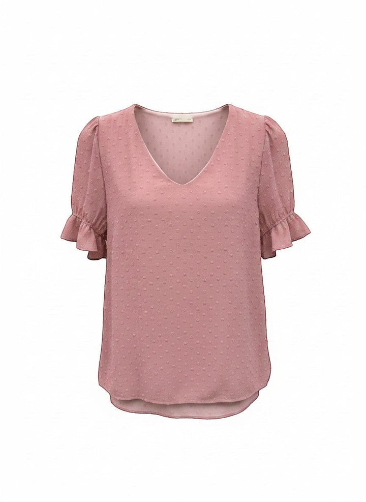 Chic Collective mauve Swiss dot v-neck top with ruffled short sleeves.