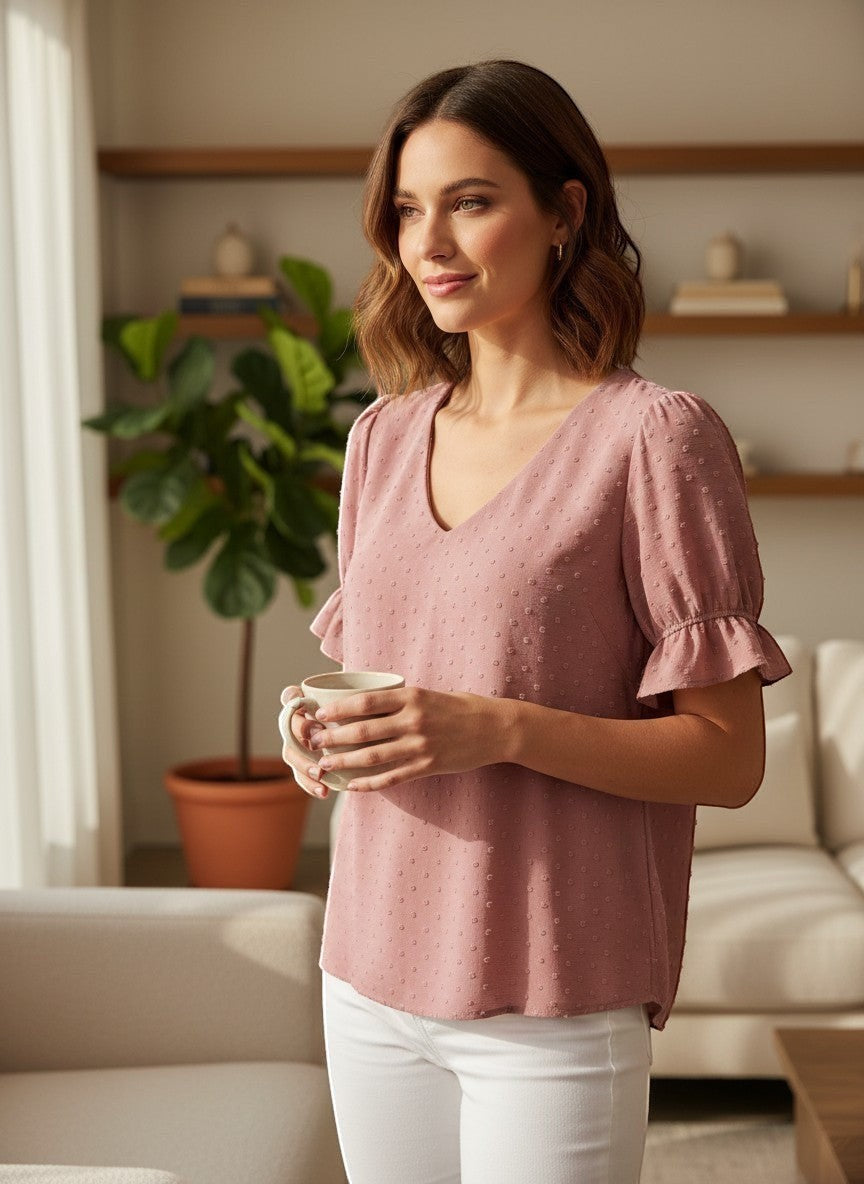 Chic Collective mauve Swiss dot v-neck top with ruffled short sleeves, worn by a woman holding a mug.