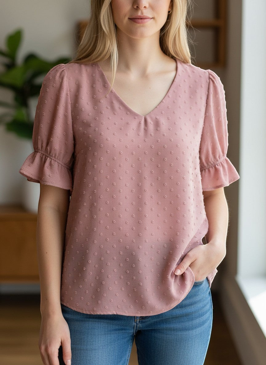 Chic Collective mauve Swiss dot v-neck top with ruffled short sleeves and a relaxed fit.