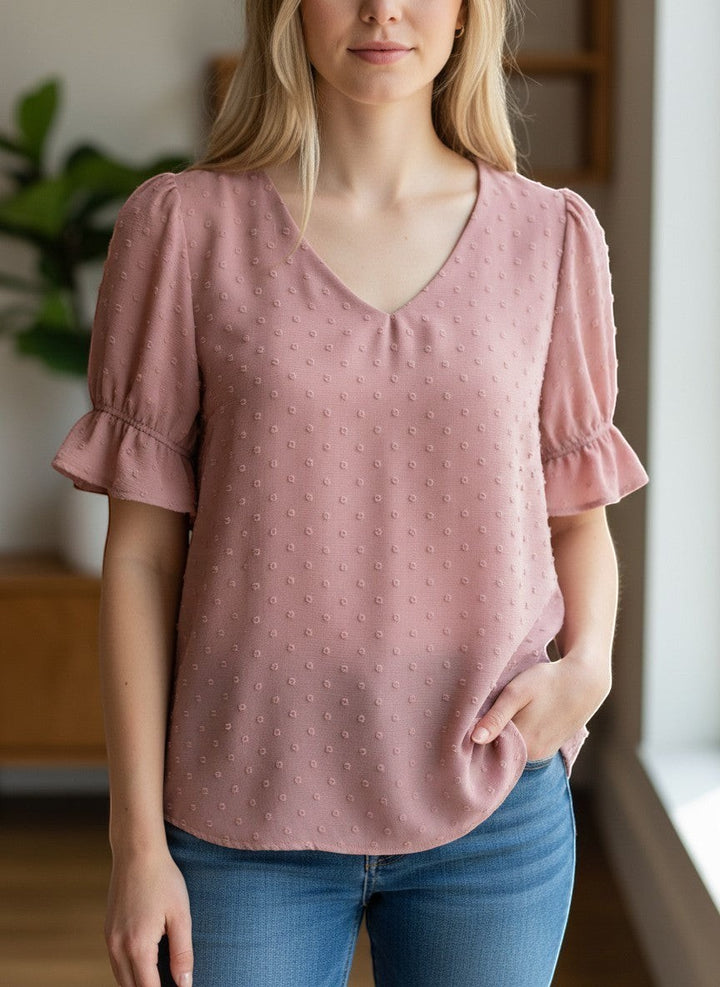 Chic Collective mauve Swiss dot v-neck top with ruffled short sleeves and a relaxed fit.