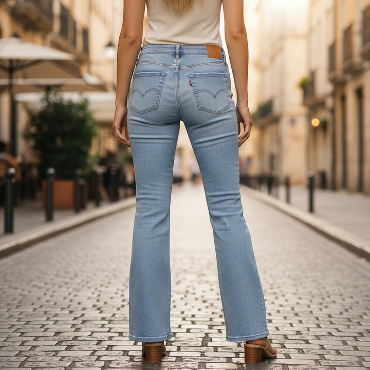 Chic Collective Risen Mid Rise Frayed jeans in light wash denim, size 7, with a flared leg and frayed hem.