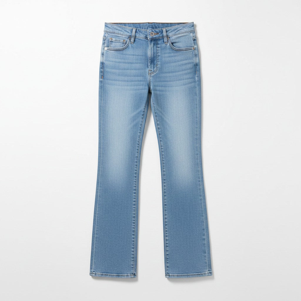 Chic Collective Risen Mid Rise Frayed light wash denim flare jeans, size 1.