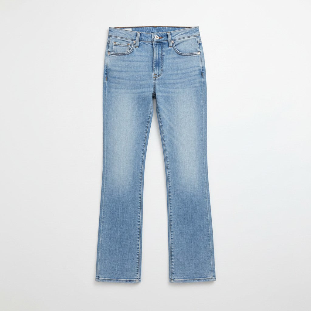 Chic Collective Risen Mid Rise Frayed light wash denim flare jeans, size 13.
