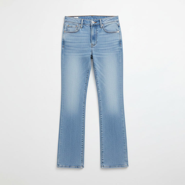 Chic Collective Risen Mid Rise Frayed light wash denim flare jeans, size 13.