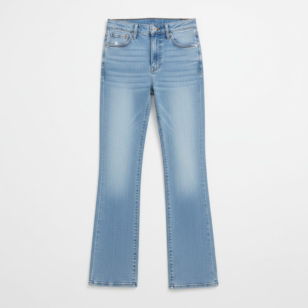 Chic Collective Risen Mid Rise Frayed light wash denim flare jeans, size 5.