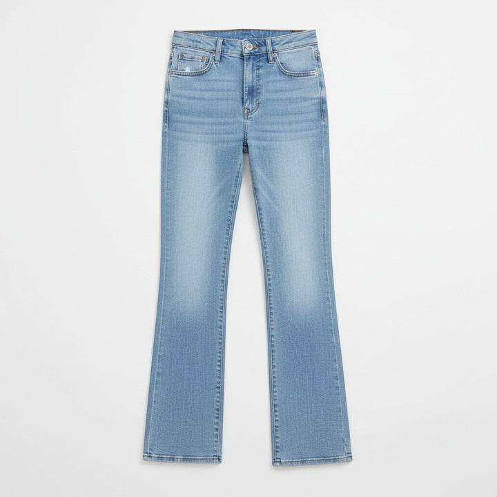 Chic Collective Risen Mid Rise Frayed light wash denim flare jeans, size 5.