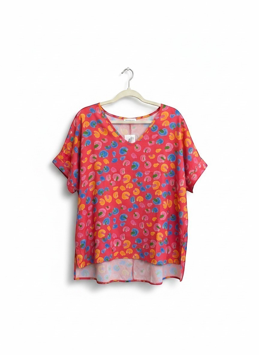 Chic Collective fuchsia, aqua, orange multi animal leopard print dolman top with v-neck and short sleeves.