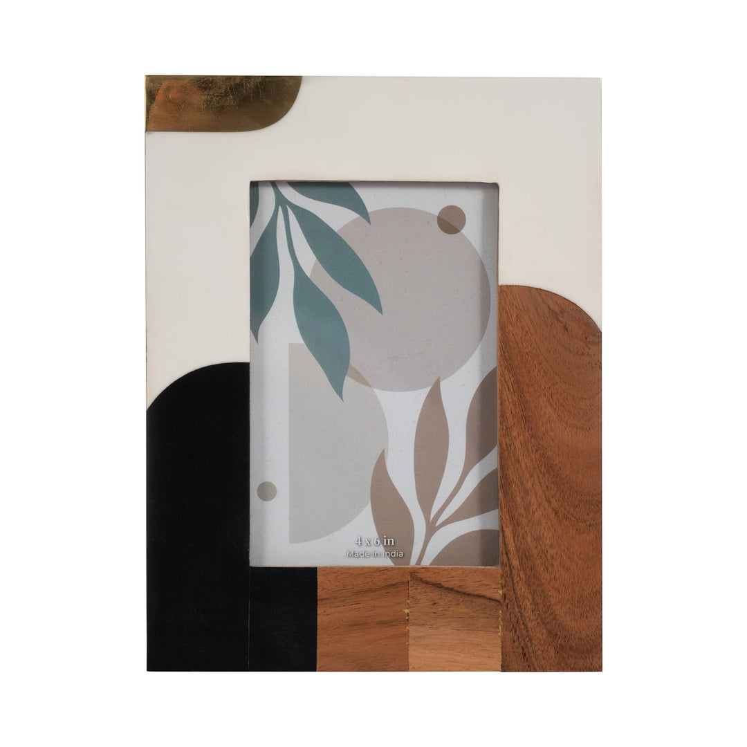 Chic Collective multicolor resin photo frame with ivory, black, and wood accents. Mid-century modern design.