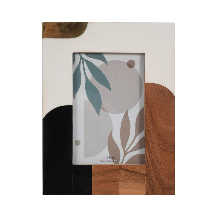 Chic Collective multicolor resin photo frame with ivory, black, and wood accents. Mid-century modern design.