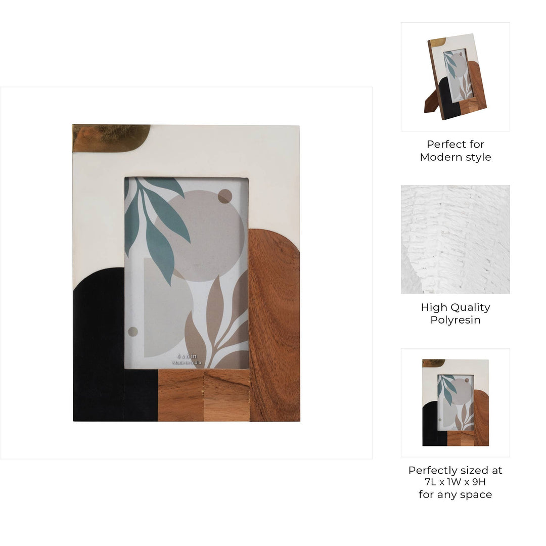 Chic Collective multicolor resin photo frame with ivory, black, brown, and gold abstract design. Perfect for modern style.