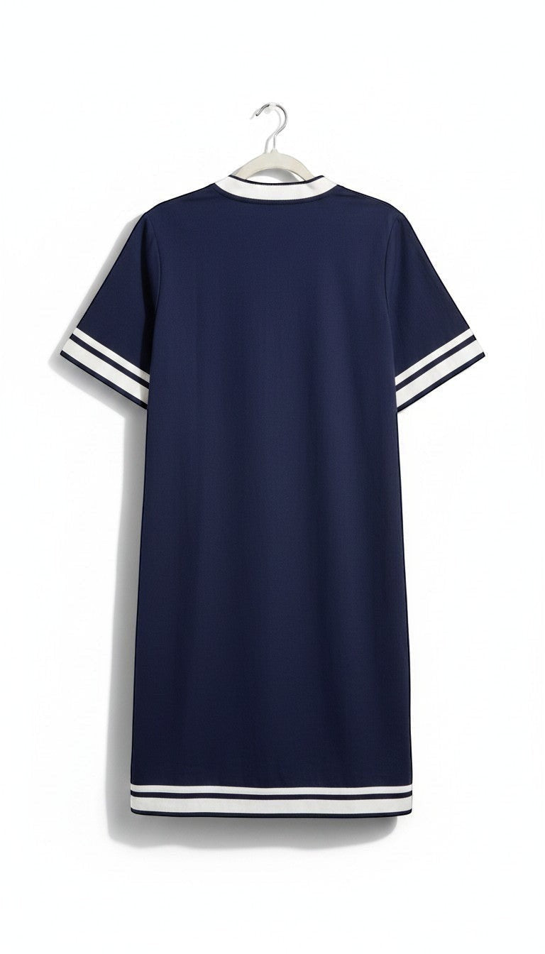 Chic Collective navy blue plus size tunic dress with white trim on V-neck, short sleeves, and hem.