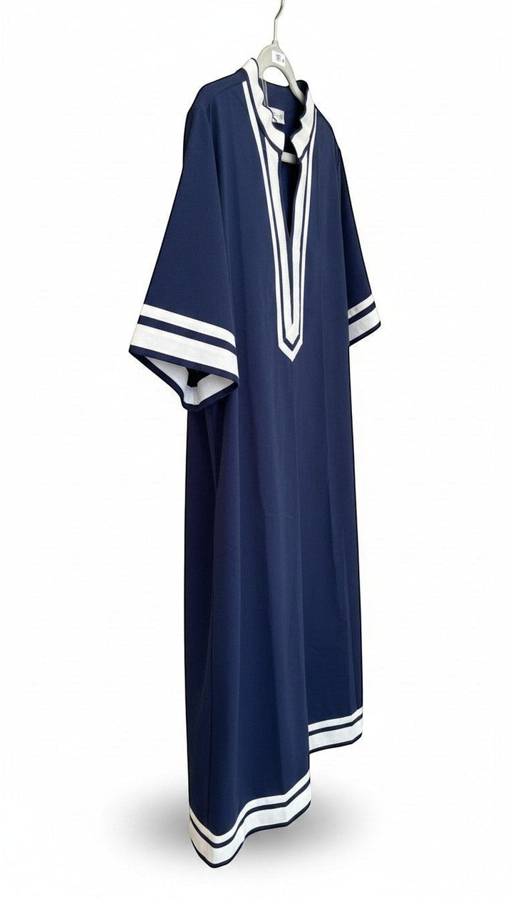 Chic Collective navy blue plus size tunic dress with white trim on V-neck, short sleeves, and hem.