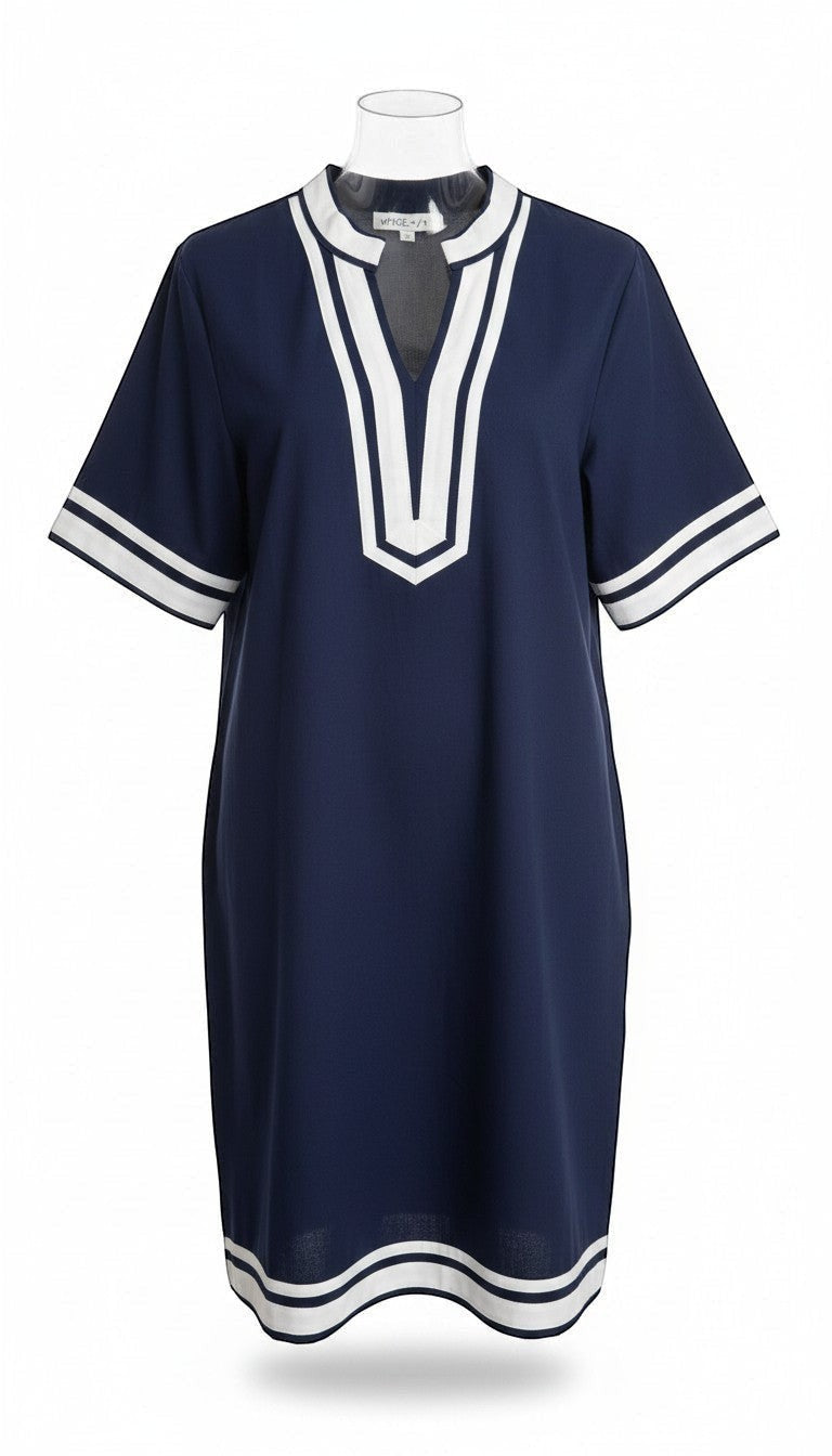 Chic Collective navy blue plus size tunic dress with white trim on V-neck, short sleeves, and hem.