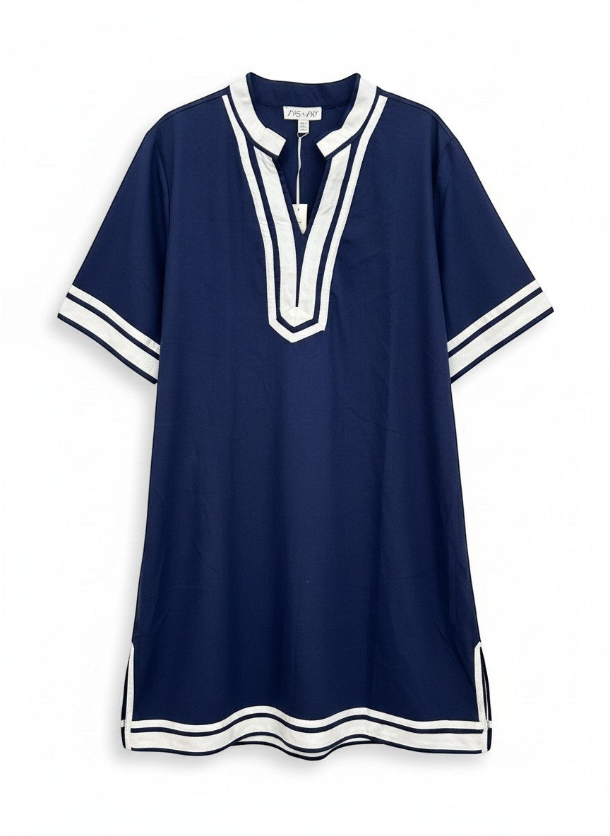 Chic Collective navy blue tunic dress with white trim on V-neck, sleeves, and hem. Relaxed fit, short sleeves.