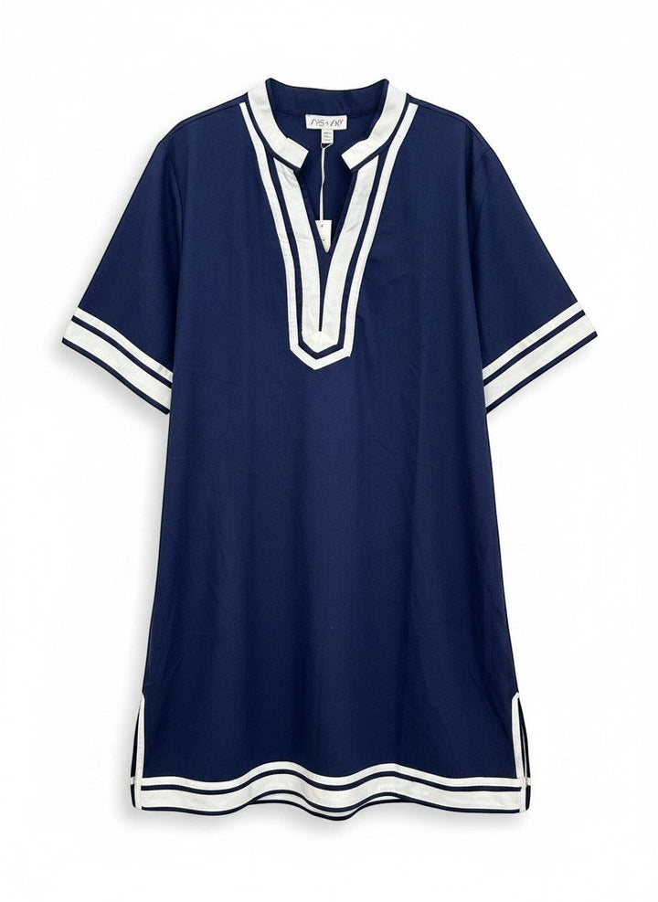 Chic Collective navy blue tunic dress with white trim on V-neck, sleeves, and hem. Relaxed fit, short sleeves.