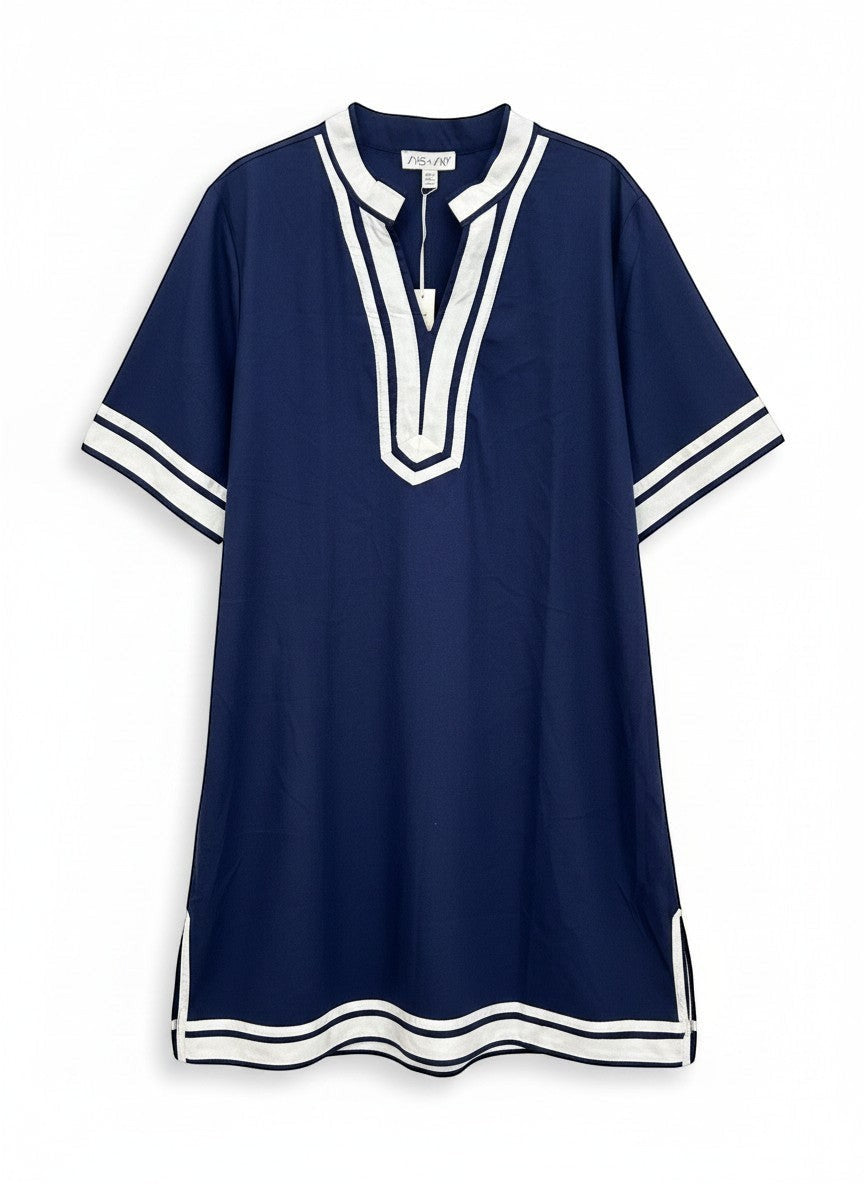 Chic Collective navy blue tunic dress with white trim on V-neck, sleeves, and hem. Relaxed fit, short sleeves.