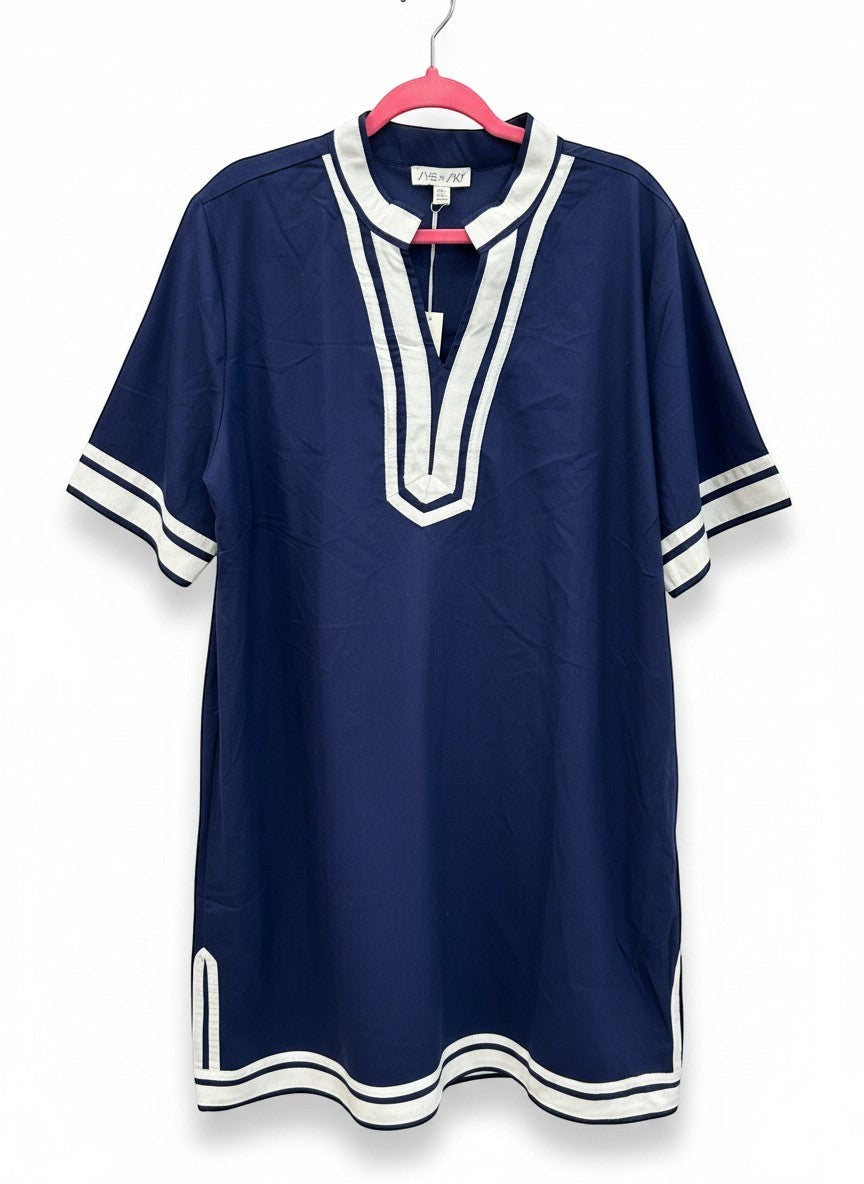 Chic Collective navy blue tunic dress with white trim on V-neck, sleeves, and hem. Relaxed fit, short sleeves.