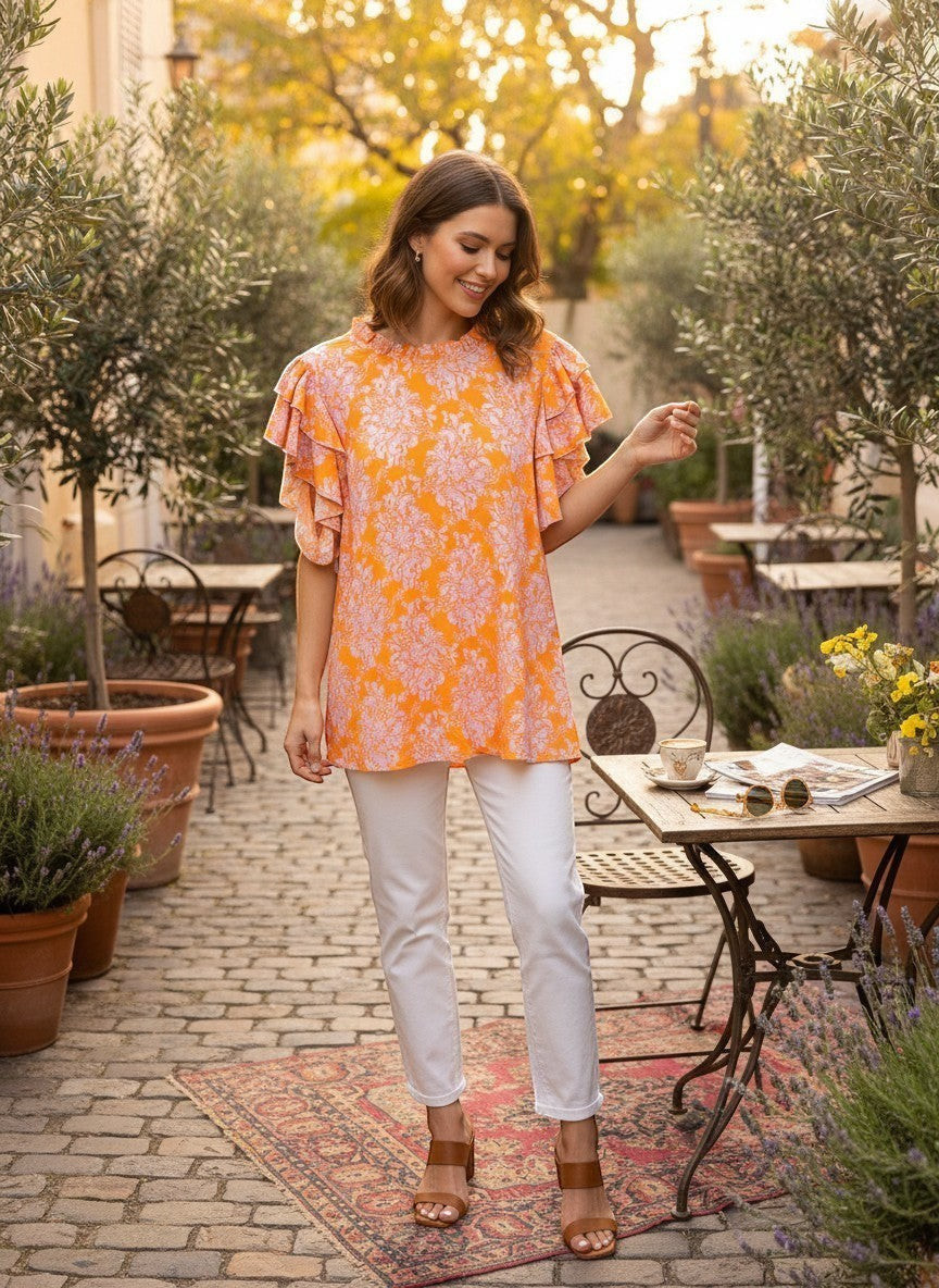 Chic Collective orange floral mock neck double layered ruffle top with short flutter sleeves.
