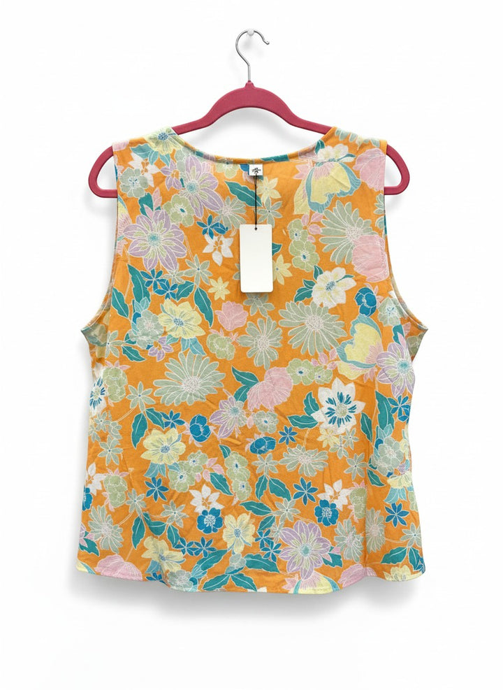 Chic Collective orange sleeveless V-neck top with a vibrant floral print in blue, pink, and yellow.
