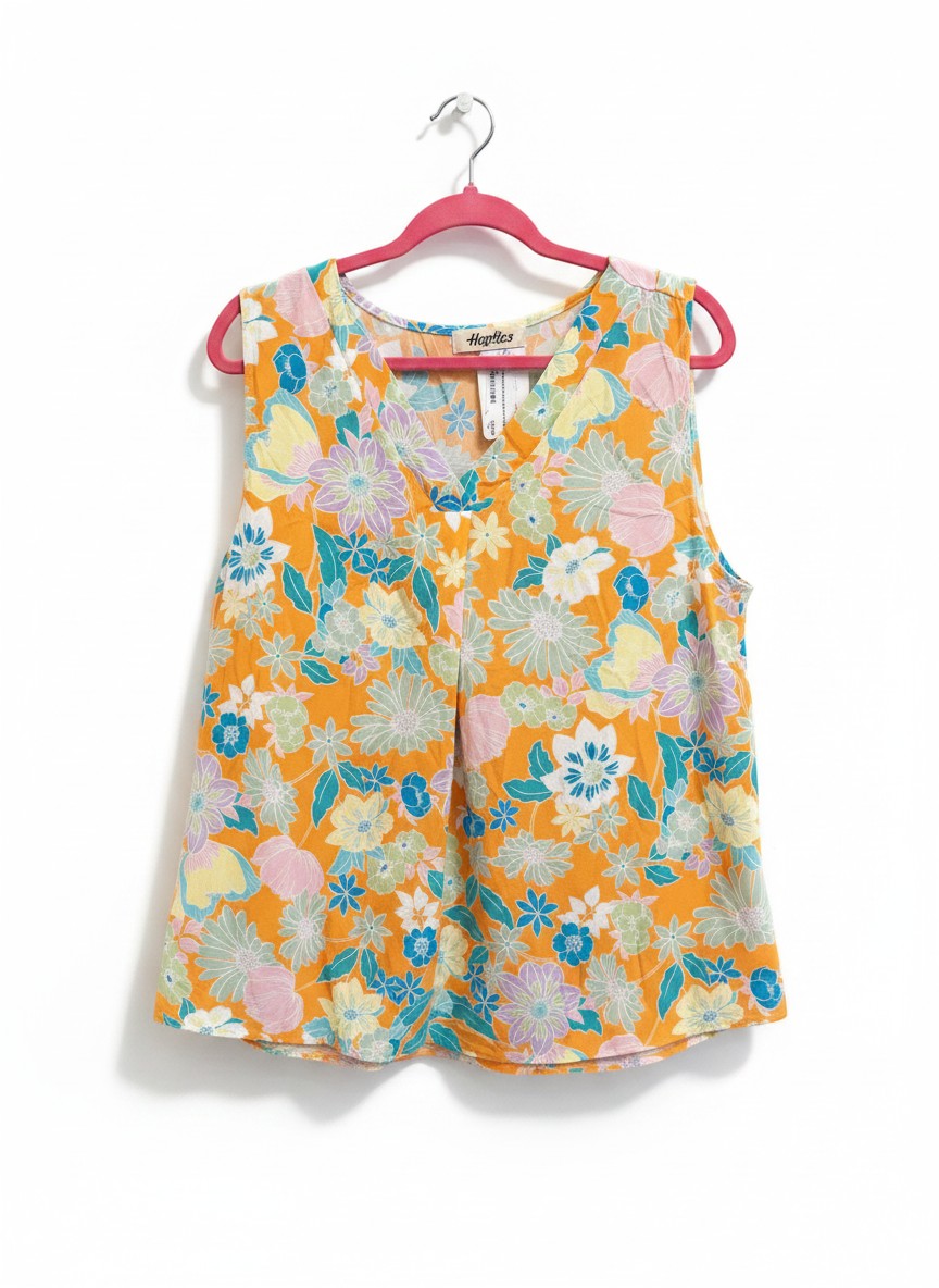Chic Collective orange floral print sleeveless V-neck top with blue, pink, and yellow flowers. Lightweight fabric.
