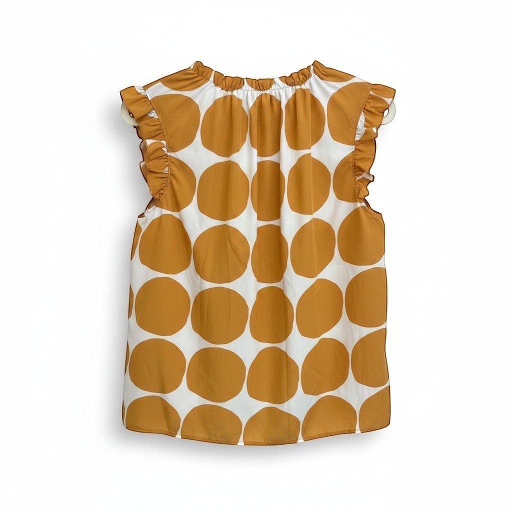 Chic Collective orange and ivory big polka dot ruffle blouse with short flutter sleeves and a gathered neckline.
