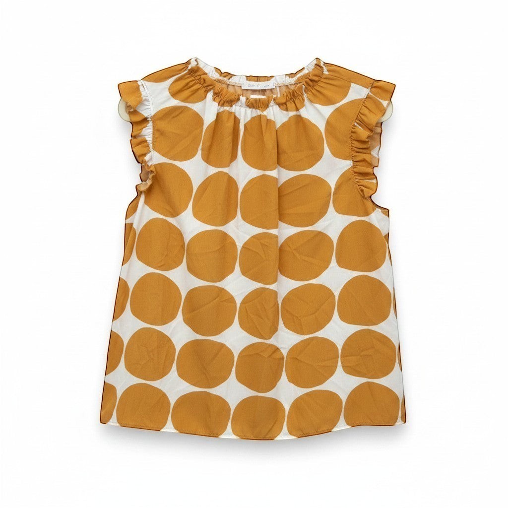 Chic Collective orange and ivory big polka dot ruffle blouse with short sleeves and a gathered neckline.