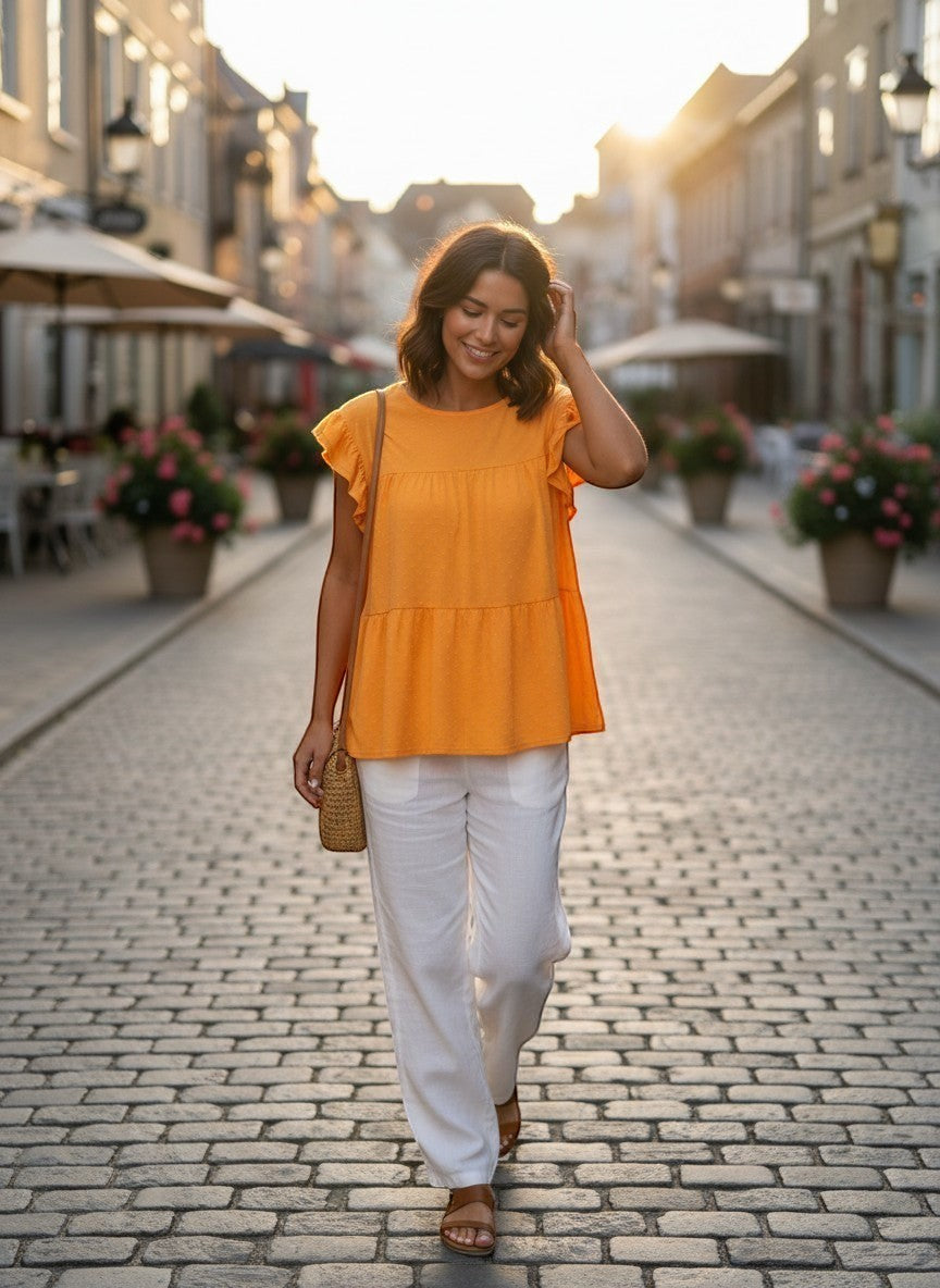Chic Collective orange peach swiss dot cap sleeve round neck tiered top worn by a woman walking on a cobblestone street.