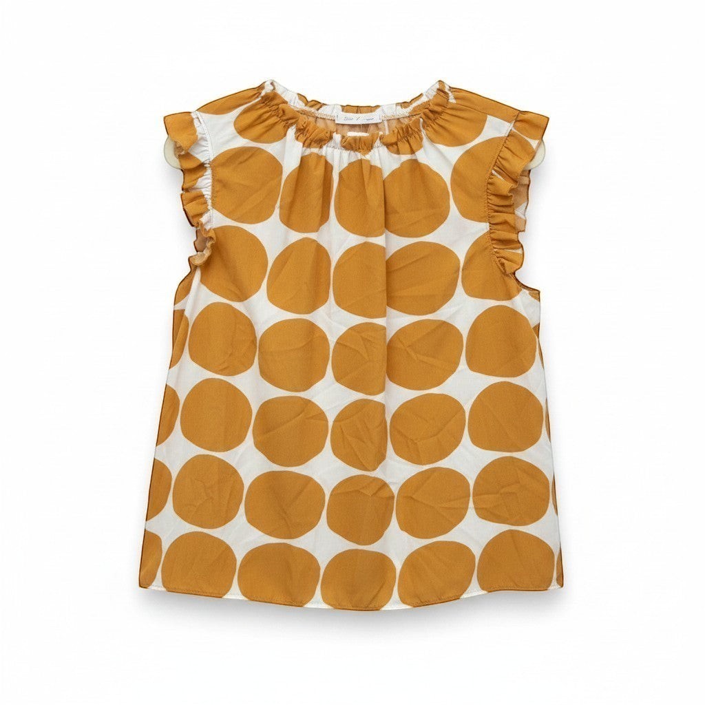 Chic Collective orange and ivory big polka dot ruffle blouse with short flutter sleeves and gathered neckline.
