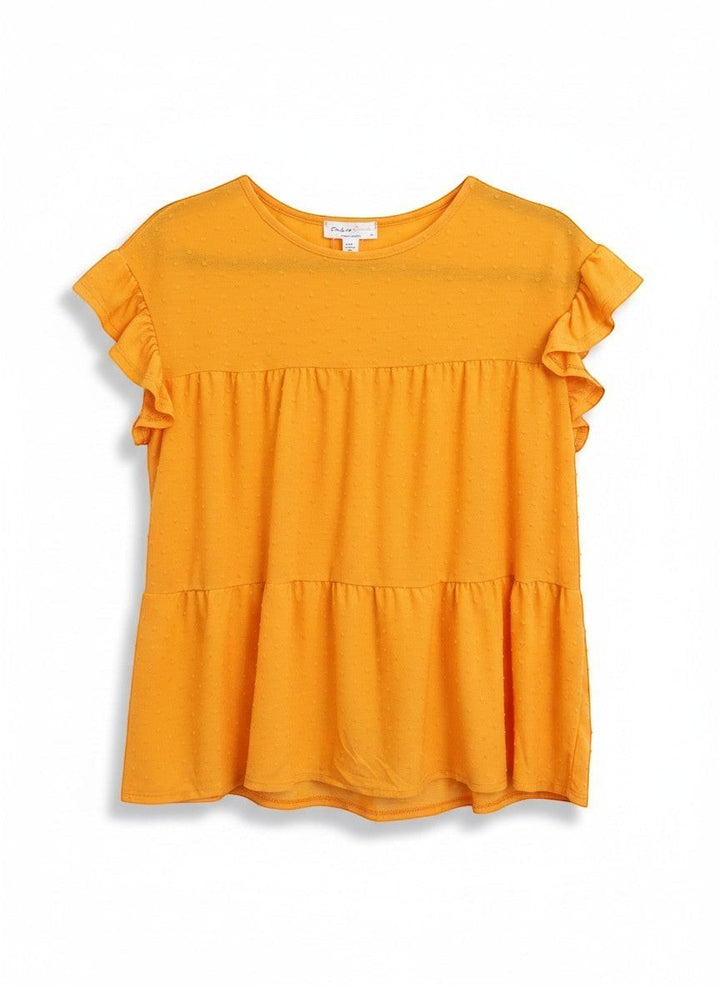 Chic Collective orange peach Swiss dot tiered round neck top with cap sleeves and ruffled details.