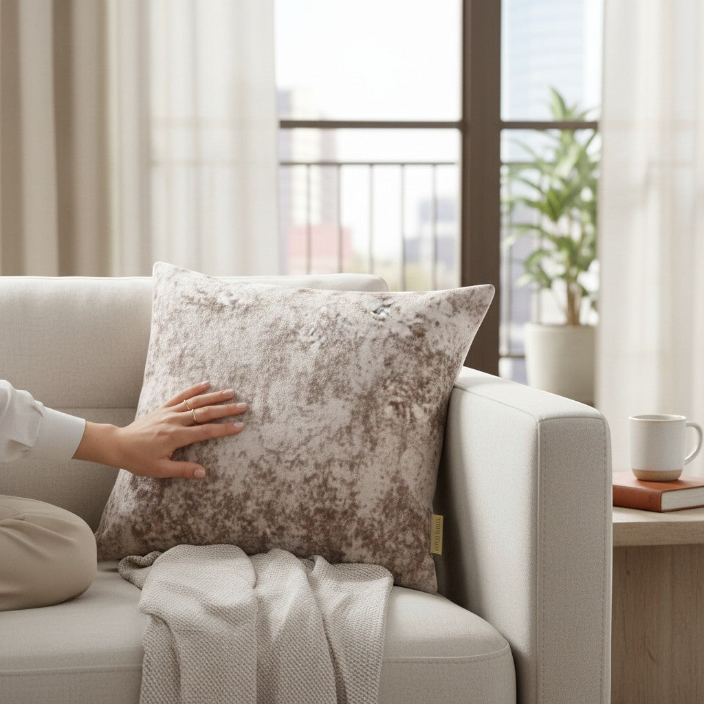 Chic Collective Verona crushed velvet cushion in oyster with a shimmering, soft texture. Discreet zipper closure. Adds opulence to sofas and beds.