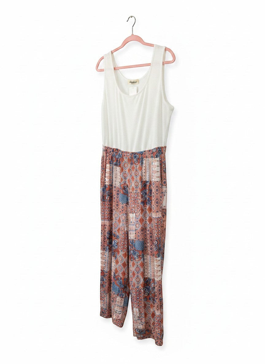 Chic Collective ivory coral vintage patchwork knit jumpsuit with a textured bodice and wide-leg pants.